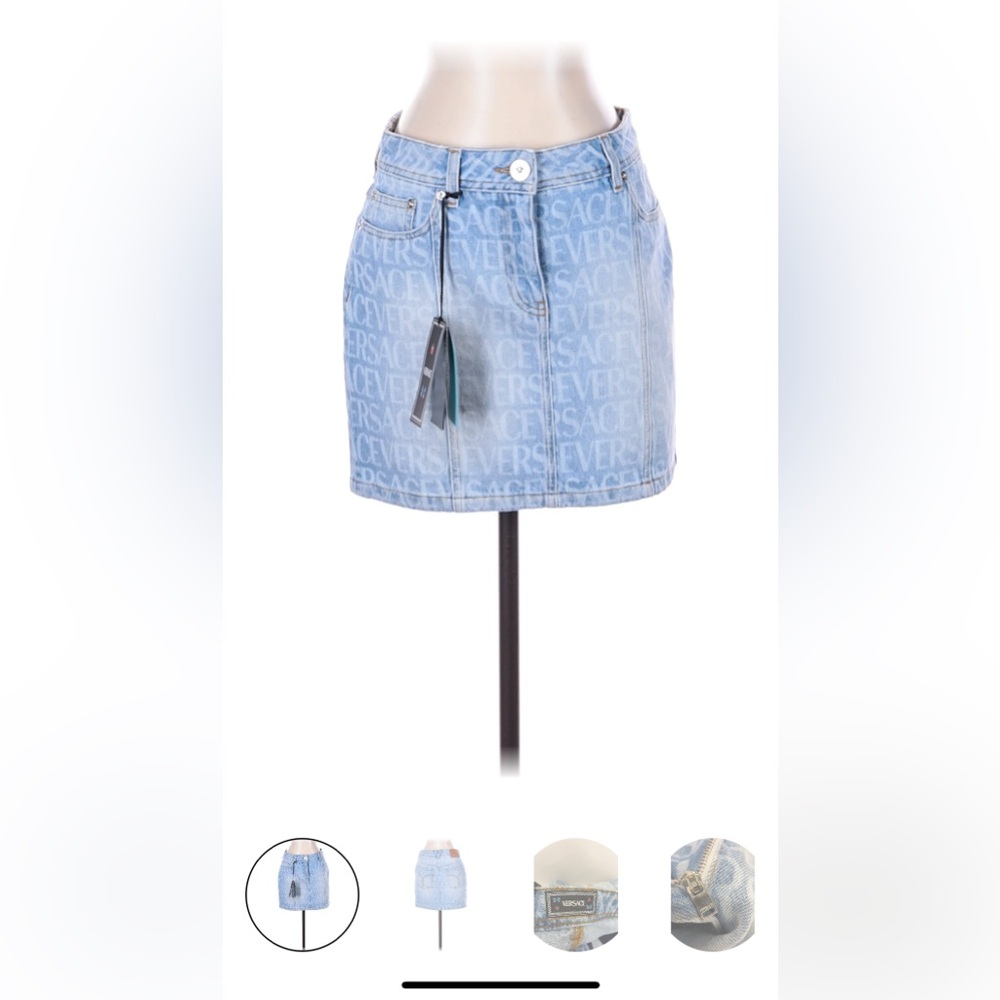 Versace Logo-Print Light Blue Mini Skirt